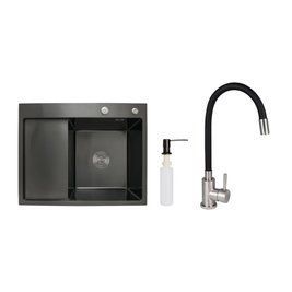 Акційний набір Lidz: мийка H6350BL інтегрована крило зліва Brushed Black PVD 3,0/1,0 мм + Змішувач Aria для кухні з гнучким виливом (k35) Black SD00057371 фото