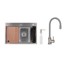 Акційний набір Lidz: мийка H6845 Decor 3,0/1,0 мм + Змішувач Aria для кухні з гнучким виливом (k35) Grey SD00057363 фото